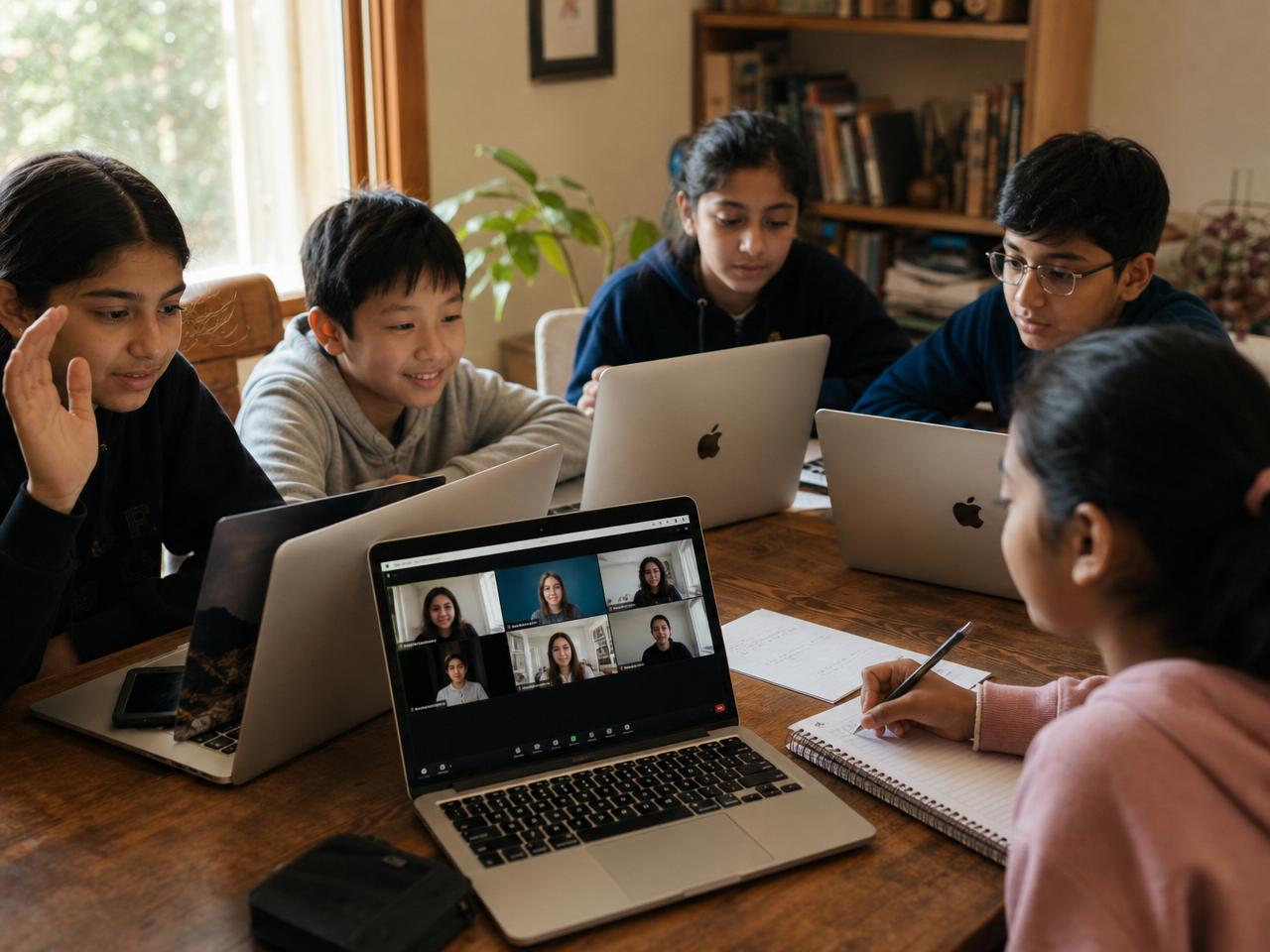 Students in a live online class with classmates on screen